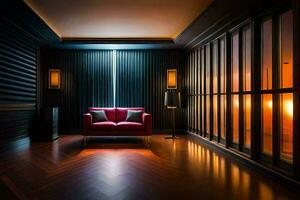 ein rot Couch sitzt im ein Zimmer mit dunkel Holz Etagen. KI-generiert foto