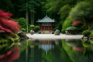 ein japanisch Garten mit ein Teich und ein Pagode. KI-generiert foto