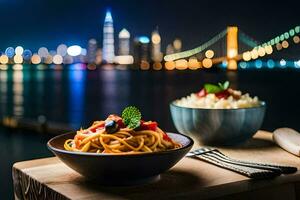 ein Schüssel von Pasta und ein Teller von Reis mit ein Aussicht von das Stadt Horizont. KI-generiert foto