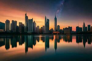 das Stadt Horizont ist reflektiert im das Wasser beim Sonnenuntergang. KI-generiert foto