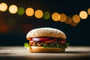 ein Hamburger auf ein hölzern Tabelle mit Beleuchtung im das Hintergrund. KI-generiert foto