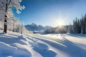 Schnee bedeckt Bäume und das Sonne leuchtenden Über ein schneebedeckt Landschaft. KI-generiert foto