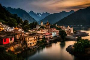 Foto Hintergrund das Himmel, Berge, Fluss, Sonnenuntergang, das Stadt, Indien, das Stadt. KI-generiert