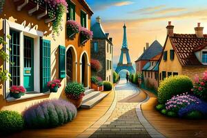 ein Gemälde von ein Straße im Paris mit Blumen. KI-generiert foto