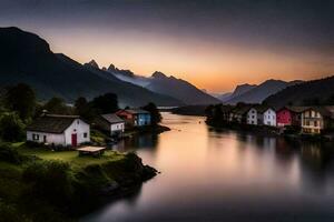 ein Fluss läuft durch ein Dorf beim Sonnenuntergang. KI-generiert foto