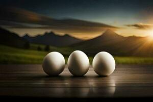 drei Eier auf ein Tabelle im Vorderseite von ein Berg. KI-generiert foto