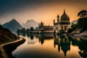 das Sonnenuntergang Über ein See mit ein Moschee im das Hintergrund. KI-generiert foto