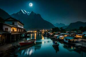 Boote angedockt im das Wasser beim Nacht mit Berge im das Hintergrund. KI-generiert foto