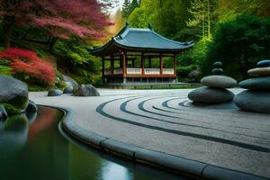 ein japanisch Garten mit Felsen und Wasser. KI-generiert foto