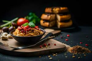 Spaghetti mit Tomaten und Gewürze im ein Schüssel. KI-generiert foto