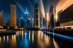 das Stadt Horizont beim Nacht mit Beleuchtung leuchtenden. KI-generiert foto