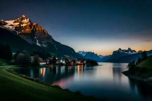 ein See und Berge beim Sonnenuntergang. KI-generiert foto