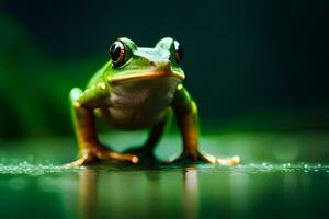 ein Frosch ist Stehen auf das Wasser Oberfläche. KI-generiert foto