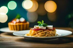 Spaghetti und Tomate auf ein Platte. KI-generiert foto