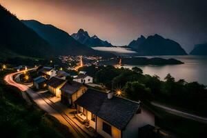 ein Dorf im das Berge beim Nacht mit ein See und Berge im das Hintergrund. KI-generiert foto