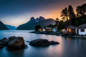 das Sonnenuntergang Über das See und Berge. KI-generiert foto