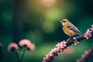 ein Vogel sitzt auf ein Ast mit Rosa Blumen. KI-generiert foto