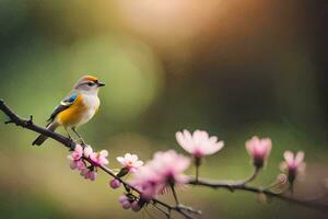 ein Vogel sitzt auf ein Ast mit Rosa Blumen. KI-generiert foto