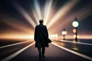 ein Mann im ein schwarz Mantel Spaziergänge Nieder ein Straße beim Nacht. KI-generiert foto