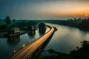 ein lange Exposition fotografieren von ein Fluss und ein Brücke beim Sonnenuntergang. KI-generiert foto