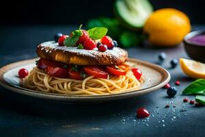 ein Teller mit ein Sandwich und Pasta mit frisch Frucht. KI-generiert foto