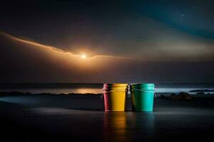 zwei Eimer sitzen auf das Strand beim Nacht. KI-generiert foto