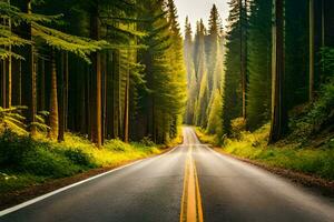 ein Straße im das Mitte von ein Wald mit Bäume auf beide Seiten. KI-generiert foto