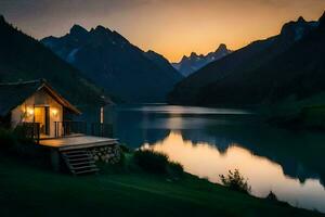 ein Kabine sitzt auf das Kante von ein See beim Sonnenuntergang. KI-generiert foto