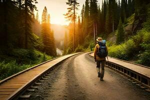 ein Mann mit ein Rucksack Gehen auf ein Eisenbahn Schiene. KI-generiert foto