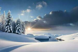 ein schneebedeckt Landschaft mit Bäume und Schnee. KI-generiert foto