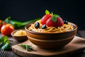 Pasta mit Tomaten, Basilikum und Oliven im ein hölzern Schüssel. KI-generiert foto