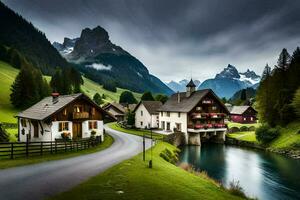 Foto Hintergrund Berge, das Himmel, Wolken, Fluss, Haus, Dorf, Straße, Straße,. KI-generiert