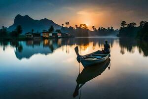 ein Mann im ein Boot auf ein See beim Sonnenaufgang. KI-generiert foto