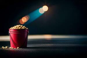 ein Eimer von Popcorn auf ein dunkel Tisch. KI-generiert foto