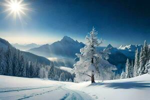 Schnee bedeckt Bäume und ein Sonne leuchtenden Über Berge. KI-generiert foto