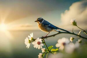 Foto Hintergrund das Himmel, Blumen, Vogel, Sonnenuntergang, das Meer, das Meer, das Meer. KI-generiert