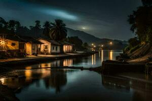 ein Fluss beim Nacht mit Häuser und ein Mond. KI-generiert foto