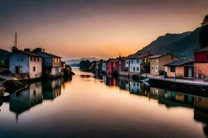 ein Fluss läuft durch ein Stadt, Dorf beim Sonnenuntergang. KI-generiert foto