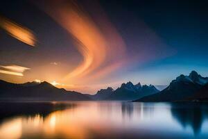 das Berge sind reflektiert im das Wasser beim Sonnenuntergang. KI-generiert foto