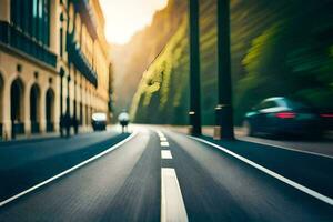 ein verschwommen Bild von ein Auto Fahren Nieder ein Straße. KI-generiert foto