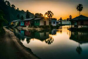 ein Fluss im das Mitte von ein Dorf beim Sonnenuntergang. KI-generiert foto