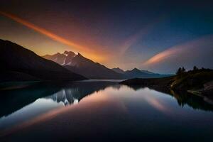 ein schön Sonnenuntergang Über ein See und Berge. KI-generiert foto