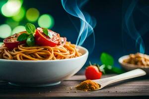 Spaghetti mit Tomate und Gewürze im ein Schüssel. KI-generiert foto