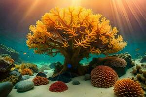 Foto Hintergrund Meer, Koralle, Sonne, das Ozean, Koralle, Meer, Koralle Riff, Die. KI-generiert