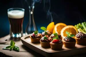 ein Tablett mit Mini Cupcakes und ein Glas von Bier. KI-generiert foto