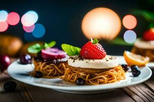 Pasta mit Erdbeeren und Sahne auf ein Platte. KI-generiert foto