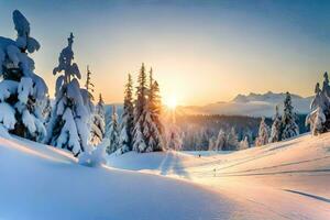 Foto Hintergrund das Himmel, Schnee, Bäume, Berge, Sonne, Bäume, das Berge, Die. KI-generiert