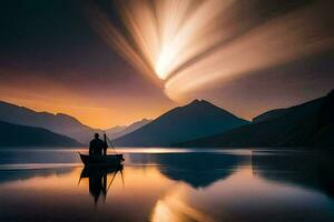 ein Mann im ein Boot beim Sonnenuntergang mit ein Licht Weg hinter ihn. KI-generiert foto