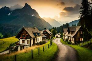 Foto Hintergrund das Himmel, Berge, Straße, Häuser, Straße, Straße, Straße, Straße,. KI-generiert