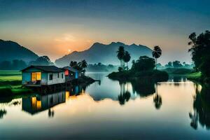 das Haus auf das Fluss beim Sonnenaufgang. KI-generiert foto